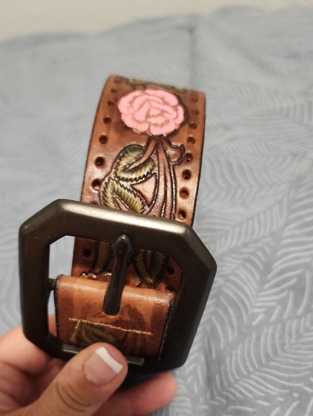 Leather Belt with Pink Rose Detail